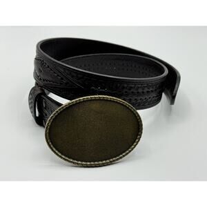 Allison Daniel Designs Dark Brown Woven Tooled Leather Belt Brass Sz 34